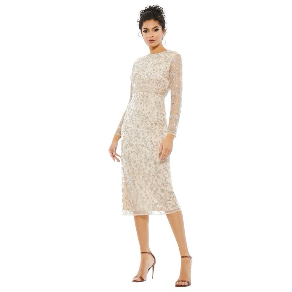 Mac Duggal 10812 Porcelain Floral Beaded Sequin Midi Dress Size 6 $498